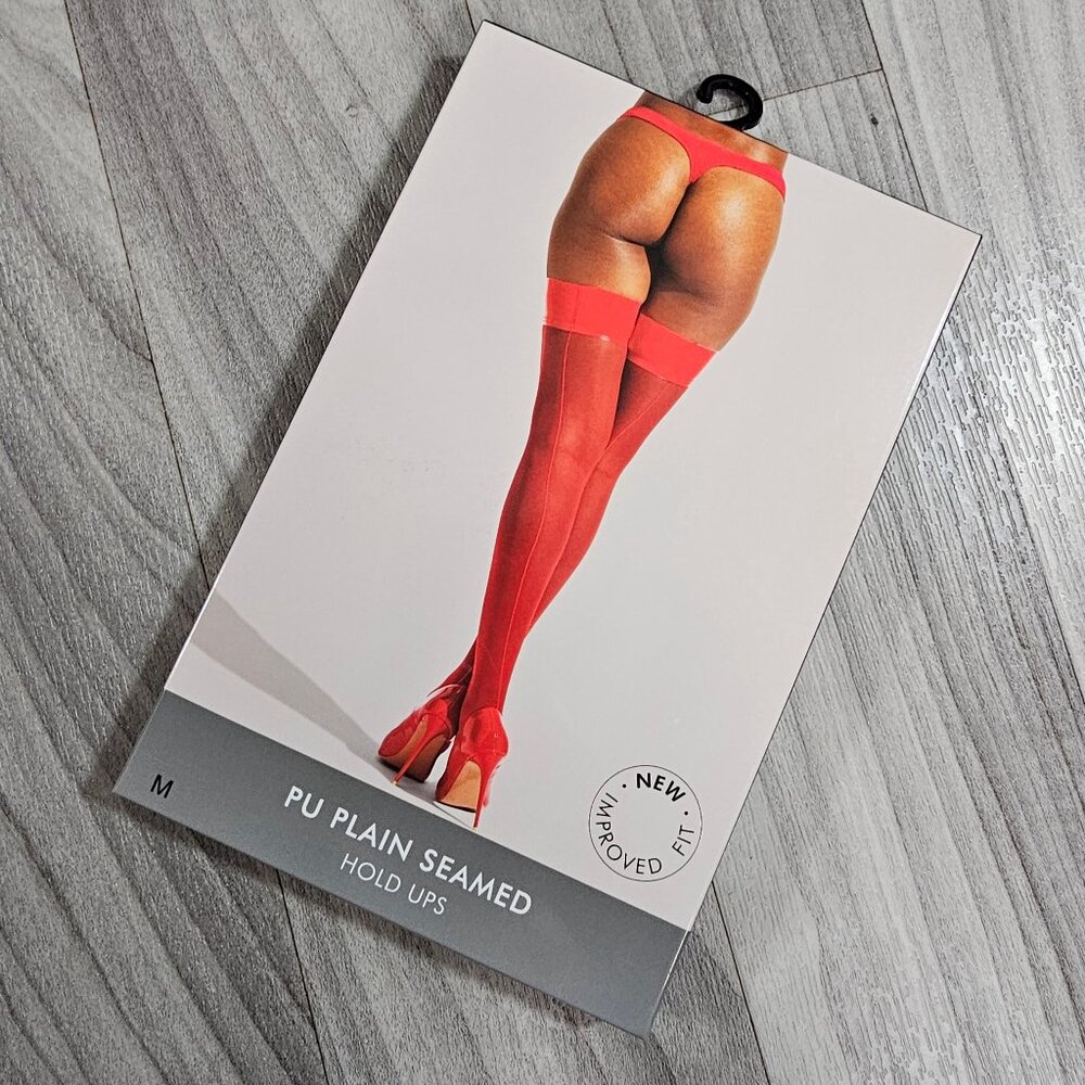 Ann Summers Red PU Plain Seamed Hold Ups Stockings, New in Box